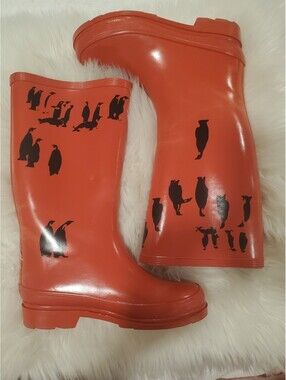 J Crew Size 6 Red Sherpa Lined Penguin Rain Boots